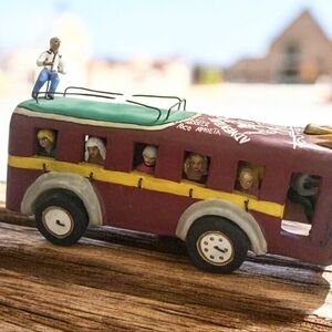 Mexican Folk Art Tourist Bus Clay Pottery Signed By Artist